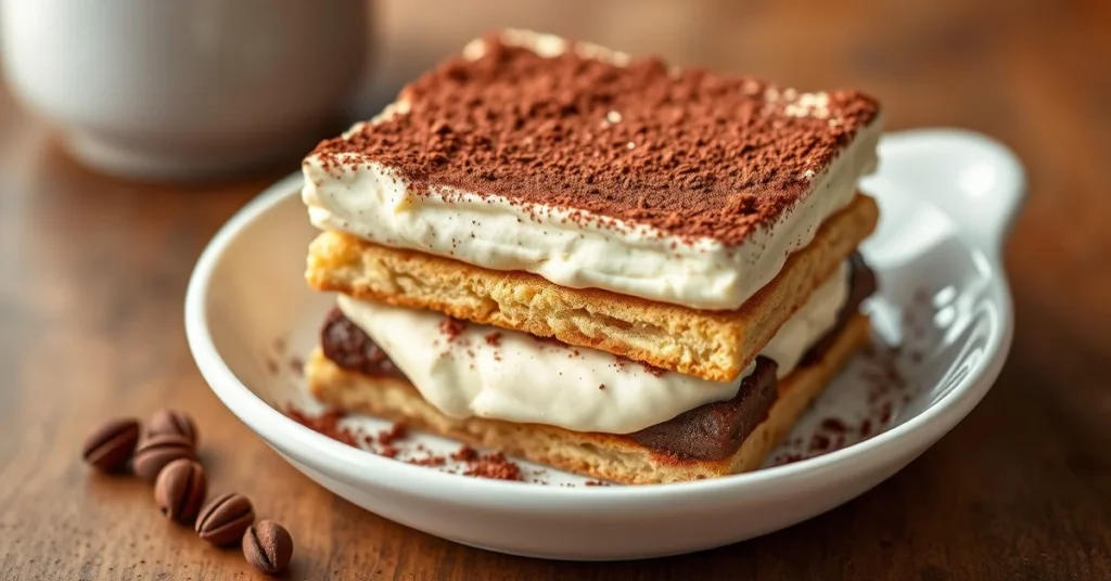 Authentic Italian tiramisu dessert in white porcelain dish, layered mascarpone and coffee-soaked biscuits, generous cocoa pow