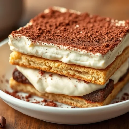 Authentic Italian tiramisu dessert in white porcelain dish, layered mascarpone and coffee-soaked biscuits, generous cocoa pow