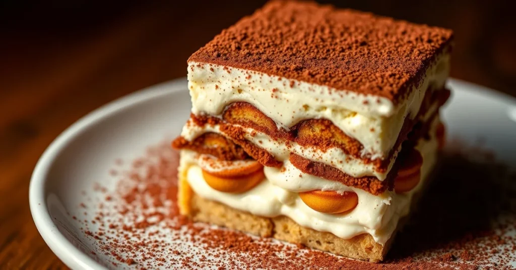 Authentic tiramisu Galbani dessert with cocoa powder dusting, creamy mascarpone layers, savoiardi biscuits visible, professio