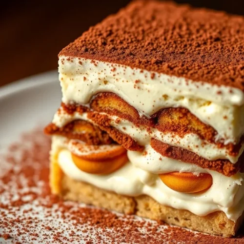 Authentic tiramisu Galbani dessert with cocoa powder dusting, creamy mascarpone layers, savoiardi biscuits visible, professio
