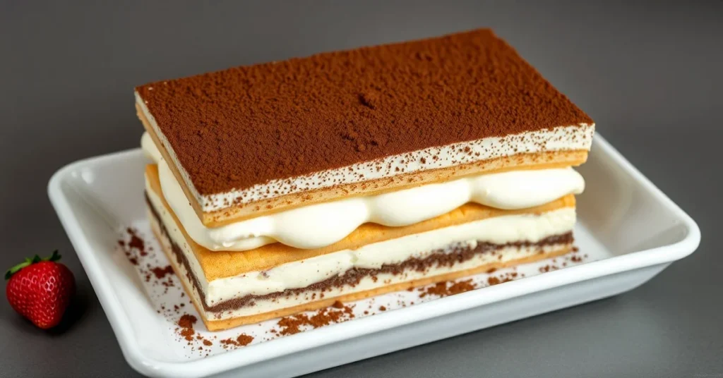Beautiful authentic Italian tiramisu dessert with cocoa dusting, layered mascarpone cream, Savoiardi biscuits, served in whit