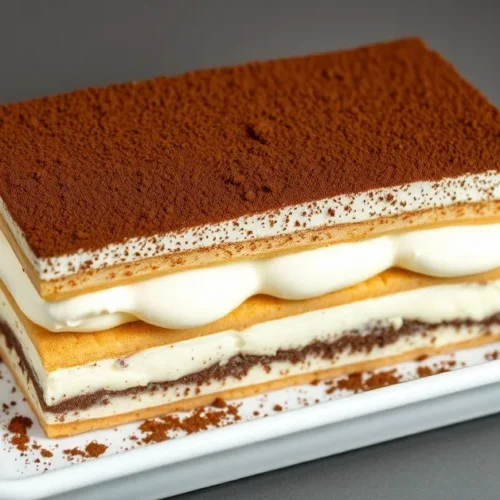 Beautiful authentic Italian tiramisu dessert with cocoa dusting, layered mascarpone cream, Savoiardi biscuits, served in whit