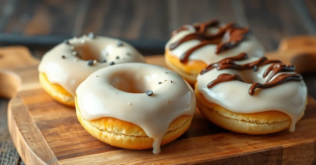 Beautiful baked donuts with white glaze and chocolate toppings on a wooden board, homemade healthy donuts without frying, sof