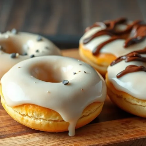 Beautiful baked donuts with white glaze and chocolate toppings on a wooden board, homemade healthy donuts without frying, sof