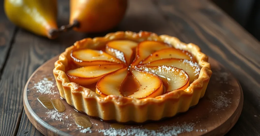 Beautiful caramelized pear Tatin tart on rustic wooden table, golden pastry crust, gourmet French dessert, professional food