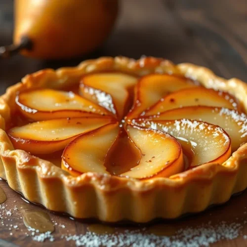 Beautiful caramelized pear Tatin tart on rustic wooden table, golden pastry crust, gourmet French dessert, professional food
