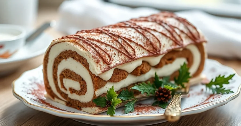 Beautiful Christmas tiramisu log cake decorated with cocoa powder, elegant holiday presentation, fresh mascarpone cream layer