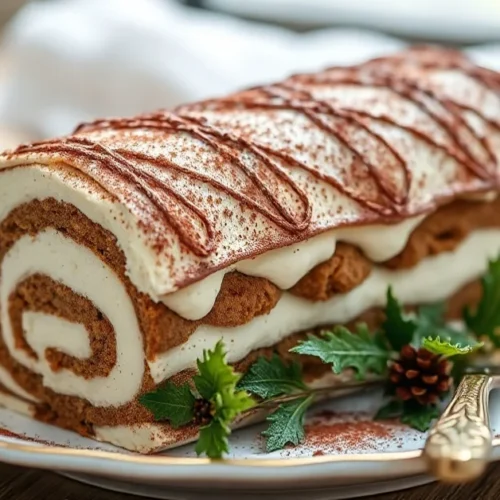 Beautiful Christmas tiramisu log cake decorated with cocoa powder, elegant holiday presentation, fresh mascarpone cream layer