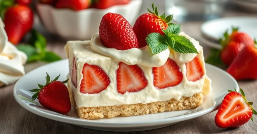 Beautiful creamy diplomat cream for strawberry cake on white plate, garnished with fresh strawberries and mint leaves, profes