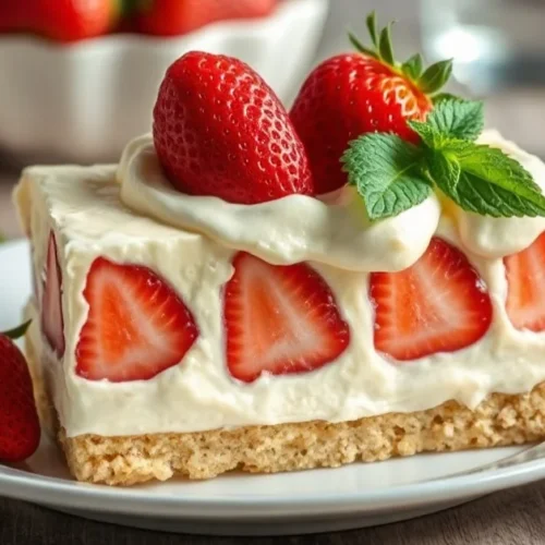 Beautiful creamy diplomat cream for strawberry cake on white plate, garnished with fresh strawberries and mint leaves, profes