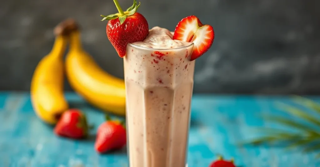 Beautiful creamy frozen smoothie in tall glass with strawberries and banana, professional food photography, vibrant colors, t