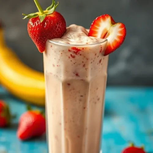 Beautiful creamy frozen smoothie in tall glass with strawberries and banana, professional food photography, vibrant colors, t