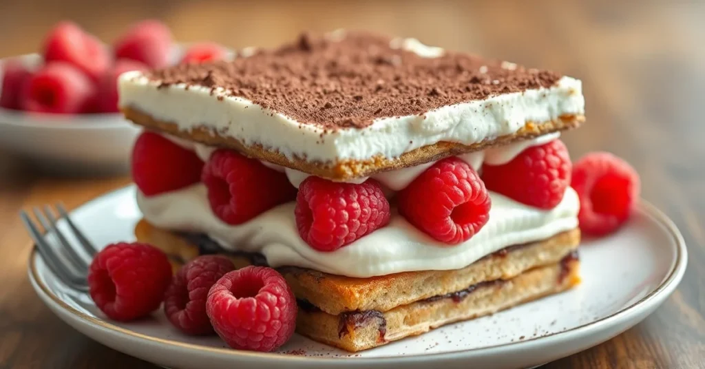 Beautiful elegant raspberry tiramisu dessert with layers of mascarpone cream, coffee-soaked ladyfingers, fresh raspberries, a