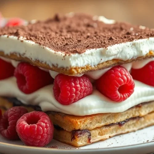 Beautiful elegant raspberry tiramisu dessert with layers of mascarpone cream, coffee-soaked ladyfingers, fresh raspberries, a