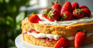 Beautiful French fraisier cake with fresh red strawberries, elegant presentation, white cream filling, landscape photography,