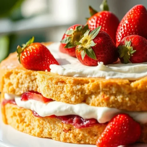 Beautiful French fraisier cake with fresh red strawberries, elegant presentation, white cream filling, landscape photography,