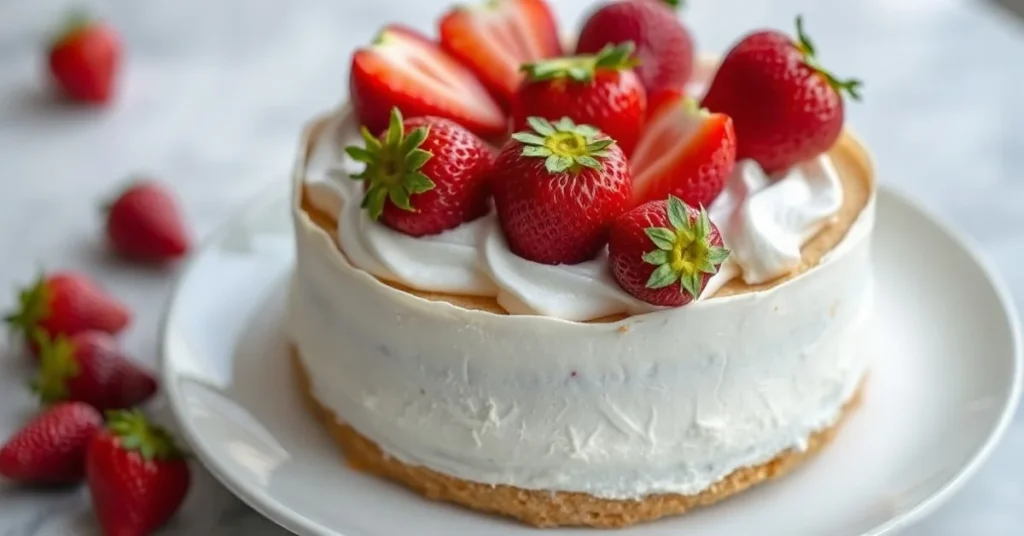 Beautiful French fraisier cake with fresh strawberries, elegant presentation, white cream, professional patisserie styling, a