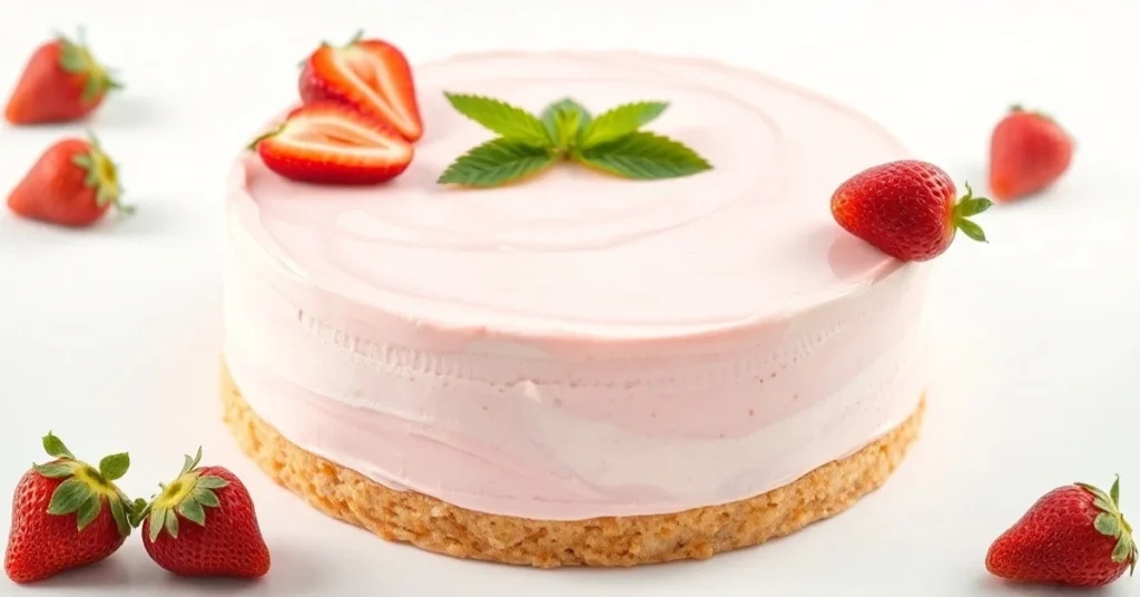 Beautiful French Fraisier cake with pink fondant glaze, fresh strawberries, elegant presentation, celebration dessert, profes
