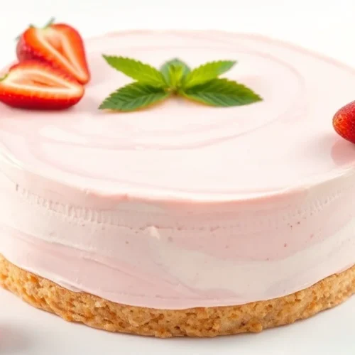 Beautiful French Fraisier cake with pink fondant glaze, fresh strawberries, elegant presentation, celebration dessert, profes