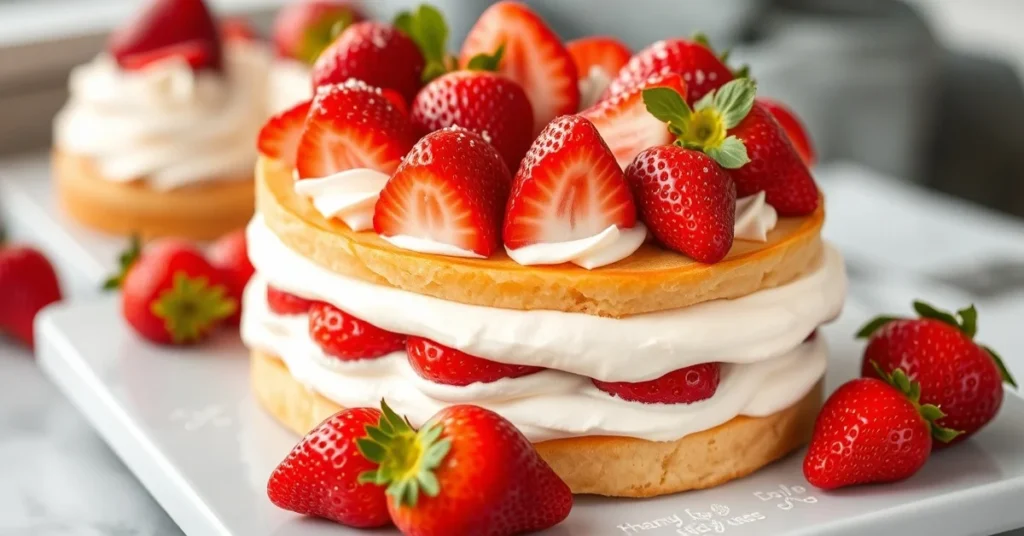 Beautiful French Fraisier dessert cake with fresh strawberries, elegant pastry presentation, white cream layers, vibrant red