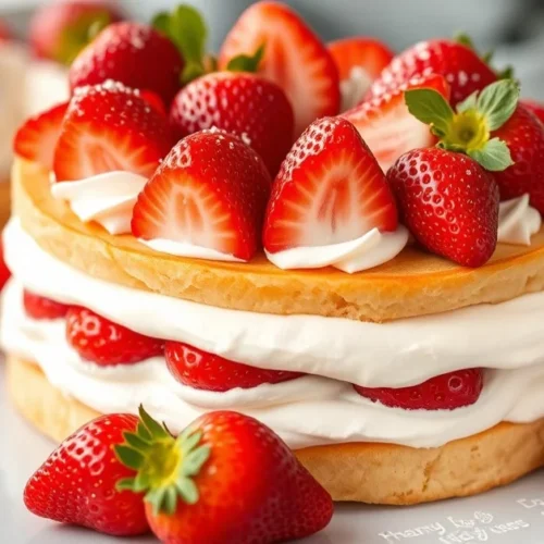 Beautiful French Fraisier dessert cake with fresh strawberries, elegant pastry presentation, white cream layers, vibrant red