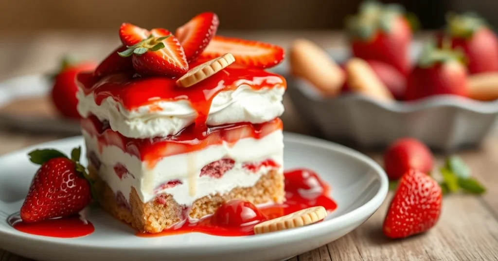 Beautiful fresh strawberry tiramisu layered with cream mascarpone, red fruit sauce, ladyfinger biscuits, elegant plating, pro