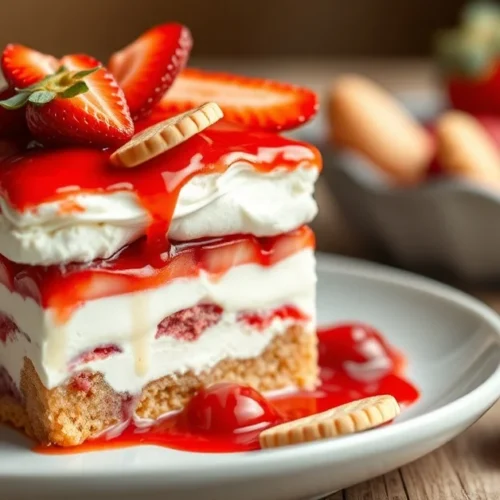 Beautiful fresh strawberry tiramisu layered with cream mascarpone, red fruit sauce, ladyfinger biscuits, elegant plating, pro