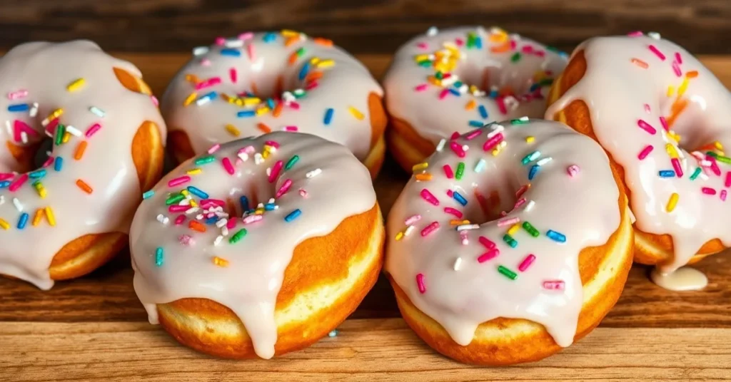 Beautiful freshly fried donuts with white glaze and colorful sprinkles displayed on a wooden surface, golden brown pastries w