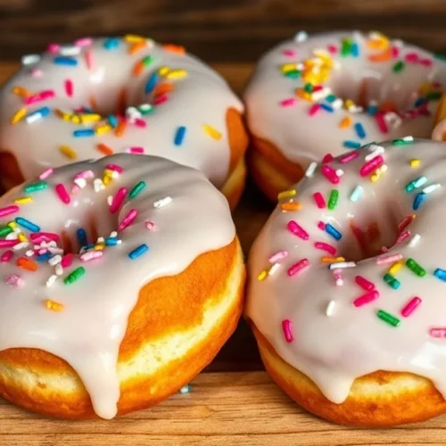 Beautiful freshly fried donuts with white glaze and colorful sprinkles displayed on a wooden surface, golden brown pastries w