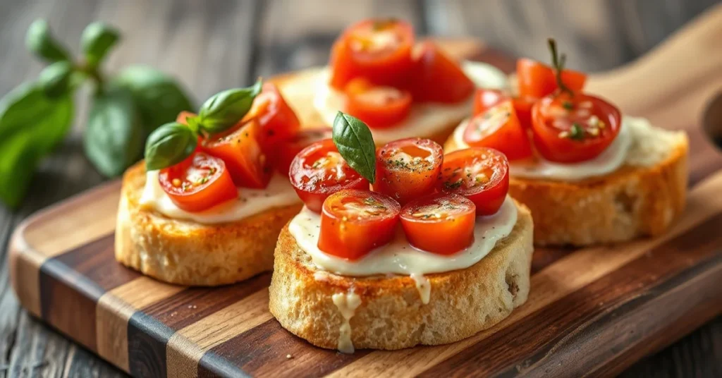 Beautiful golden bruschetta with fresh tomato topping, melted cheese, basil garnish on wooden board, Mediterranean appetizer