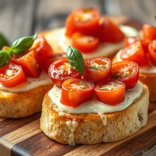 Beautiful golden bruschetta with fresh tomato topping, melted cheese, basil garnish on wooden board, Mediterranean appetizer