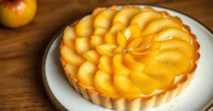 Beautiful golden pear tart with perfectly arranged poached pears in elegant rosette pattern on creamy pastry cream filling, g