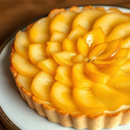 Beautiful golden pear tart with perfectly arranged poached pears in elegant rosette pattern on creamy pastry cream filling, g