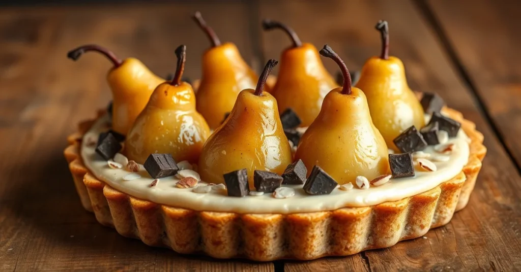 Beautiful gourmet almond pear chocolate tart with glazed poached pears arranged elegantly on creamy almond filling, dark choc