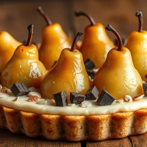 Beautiful gourmet almond pear chocolate tart with glazed poached pears arranged elegantly on creamy almond filling, dark choc