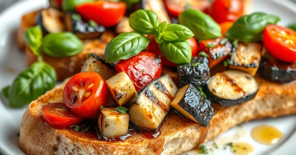 Beautiful grilled vegetable bruschetta on toasted ciabatta bread with fresh basil, vibrant zucchini, eggplant, red peppers, c