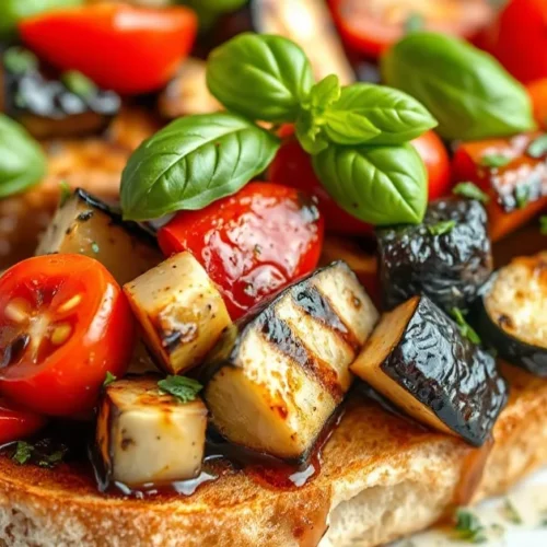Beautiful grilled vegetable bruschetta on toasted ciabatta bread with fresh basil, vibrant zucchini, eggplant, red peppers, c