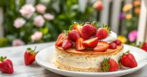 Beautiful healthy fraisier cake with fresh strawberries, light cream, vanilla sponge cake, elegant presentation on white plat