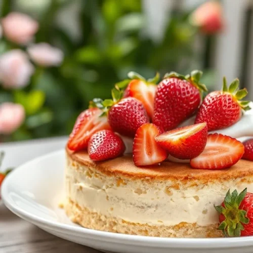 Beautiful healthy fraisier cake with fresh strawberries, light cream, vanilla sponge cake, elegant presentation on white plat