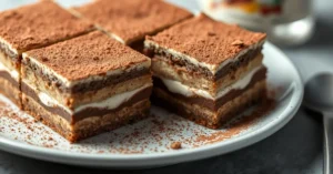 Beautiful homemade Nutella tiramisu dessert with cocoa powder dusting, creamy layers, elegant plating, professional food phot