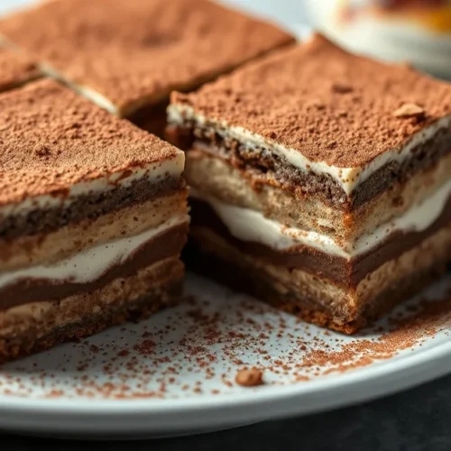 Beautiful homemade Nutella tiramisu dessert with cocoa powder dusting, creamy layers, elegant plating, professional food phot