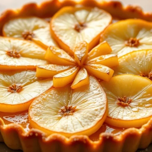 Beautiful homemade pear tart with caramelized pears arranged in elegant circles on golden pastry crust, garnished with sugar