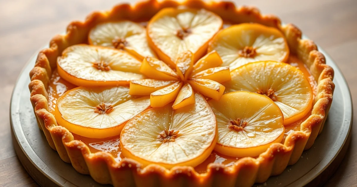 Beautiful homemade pear tart with caramelized pears arranged in elegant circles on golden pastry crust, garnished with sugar
