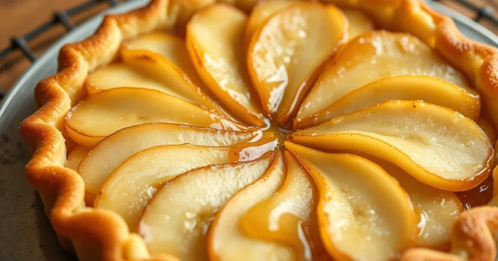 Beautiful homemade pear tart with golden pastry crust, perfectly arranged pear slices glazed with honey, professional food ph