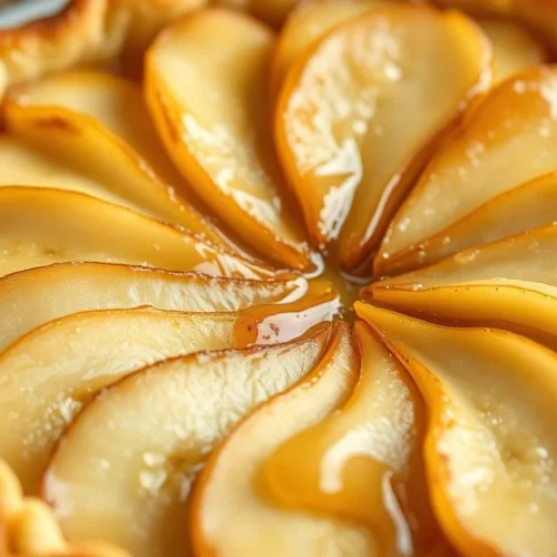 Beautiful homemade pear tart with golden pastry crust, perfectly arranged pear slices glazed with honey, professional food ph