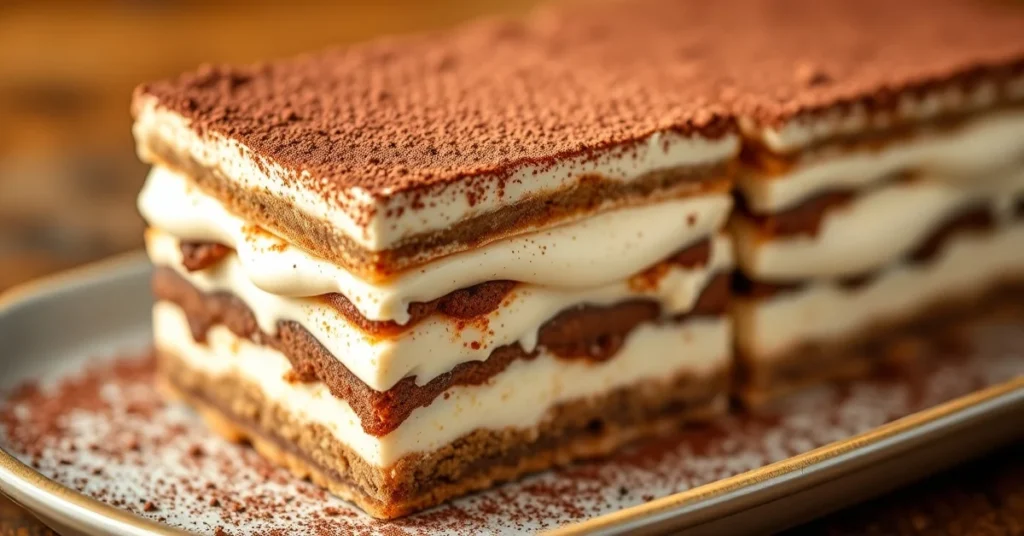Beautiful homemade tiramisu without eggs, creamy mascarpone layers, cocoa powder dusting, Italian dessert close-up, professio