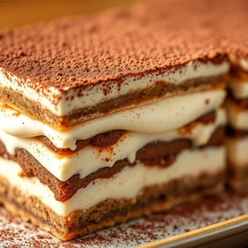 Beautiful homemade tiramisu without eggs, creamy mascarpone layers, cocoa powder dusting, Italian dessert close-up, professio