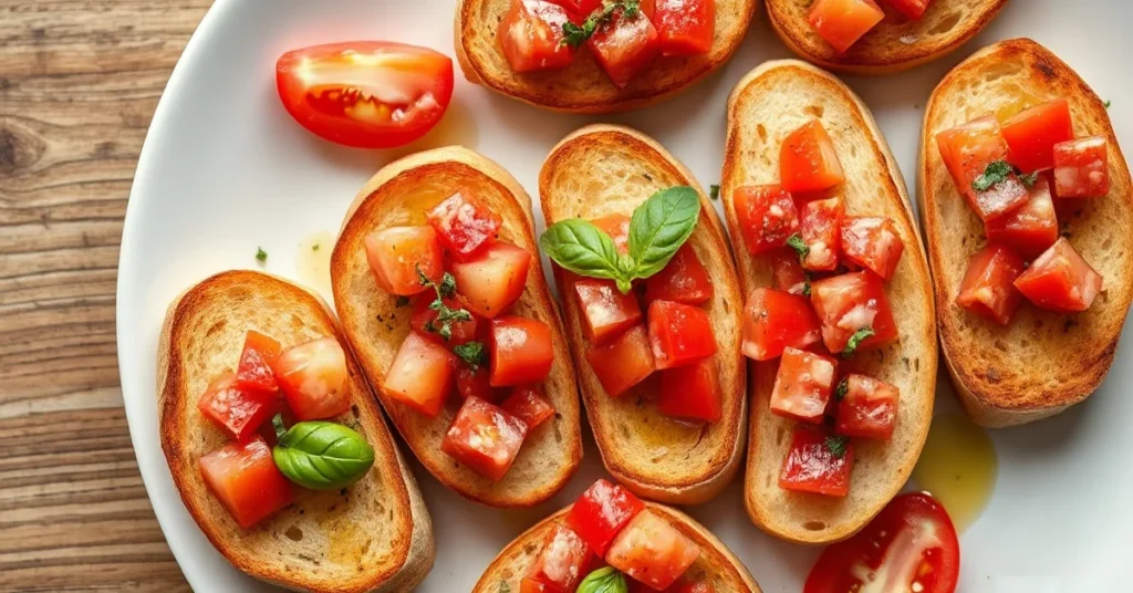 Beautiful Italian bruschetta appetizer platter with crispy toasted bread, fresh diced tomatoes, basil, garlic, olive oil, arr