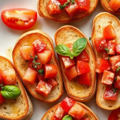 Beautiful Italian bruschetta appetizer platter with crispy toasted bread, fresh diced tomatoes, basil, garlic, olive oil, arr