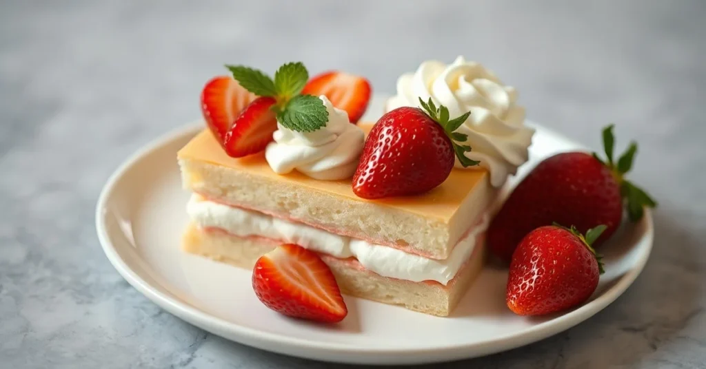 Beautiful Japanese-style fraisier dessert with delicate sponge cake layers, light diplomat cream, and perfectly arranged fres